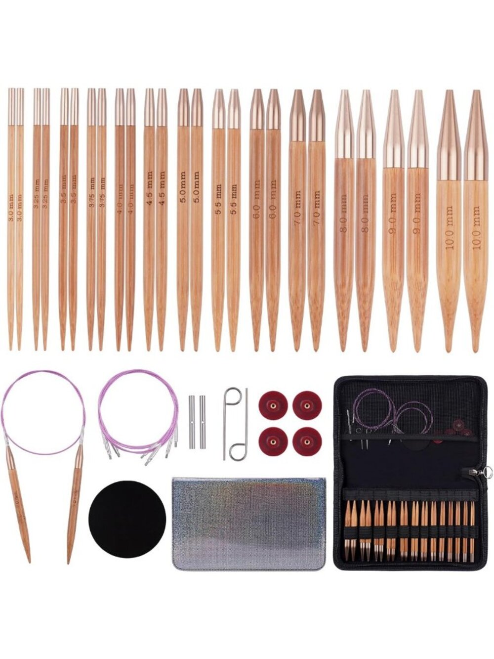13-Pair Interchangeable Bamboo Circular Knitting Needles Set with Case